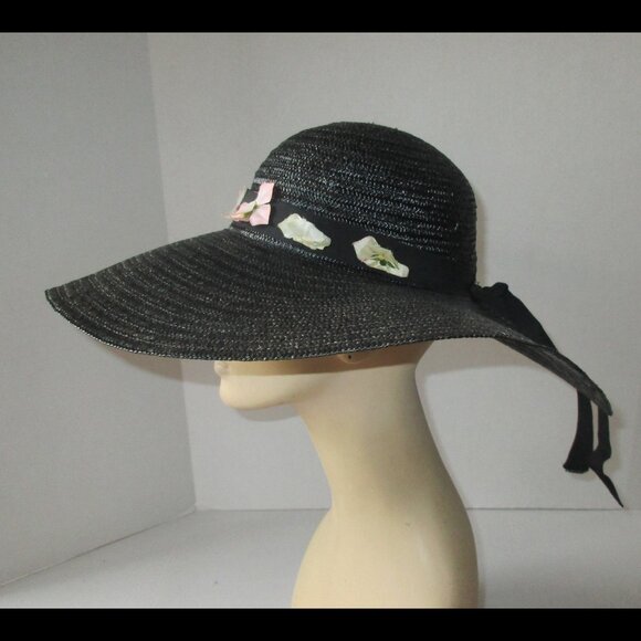 Vintage 1970's Black Wide Brim Straw Cartwheel Hat w/Flowers Made In Italy - Picture 3 of 8